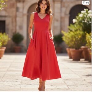 Nicole Miller Linen Red Fit and Flare Midi Dress Pockets Sz 2